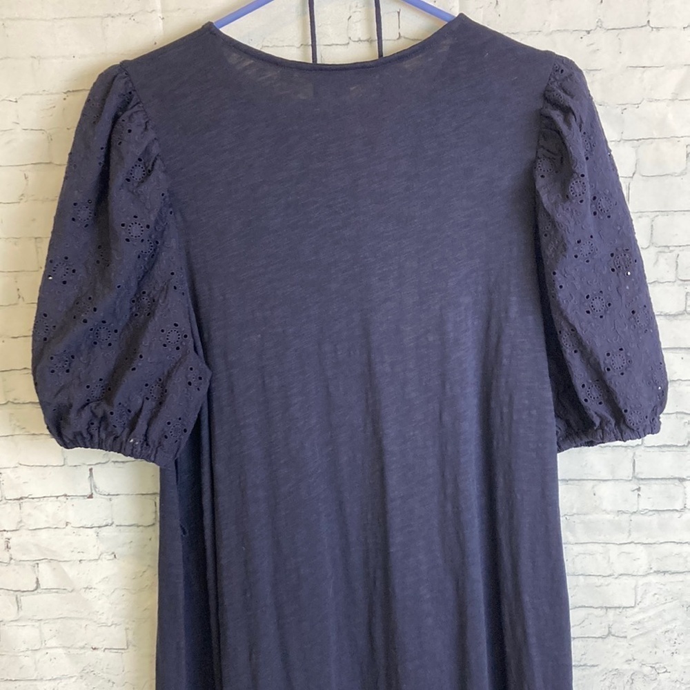 Boden Broderie Mix Jersey Midi Dress 12 Navy Blue Cotton Eyelet Puff Sleeves - Picture 10 of 13
